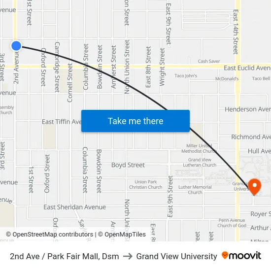 2nd Ave / Park Fair Mall, Dsm to Grand View University map
