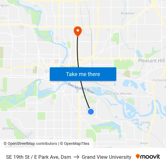 SE 19th St / E Park Ave, Dsm to Grand View University map