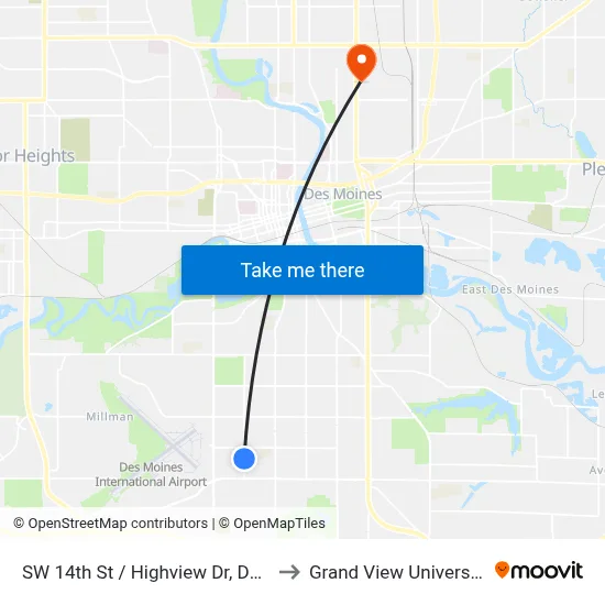 SW 14th St / Highview Dr, Dsm to Grand View University map