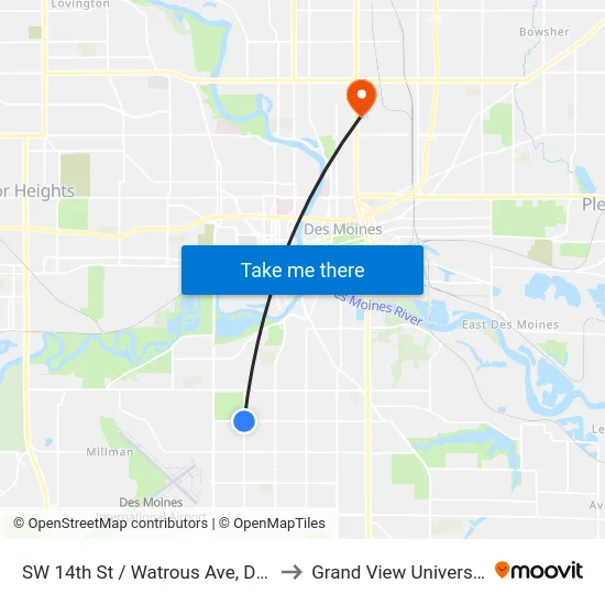 SW 14th St / Watrous Ave, Dsm to Grand View University map