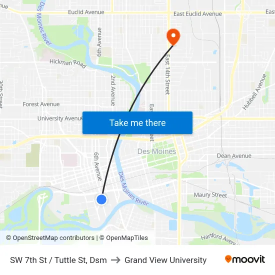 SW 7th St / Tuttle St, Dsm to Grand View University map