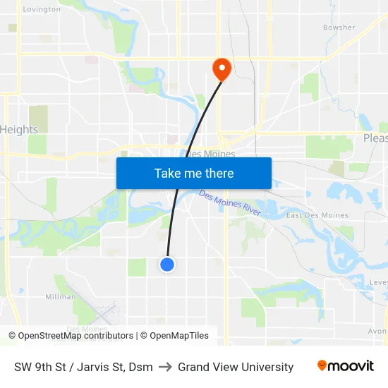 SW 9th St / Jarvis St, Dsm to Grand View University map