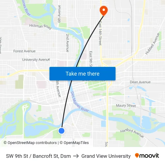 SW 9th St / Bancroft St, Dsm to Grand View University map