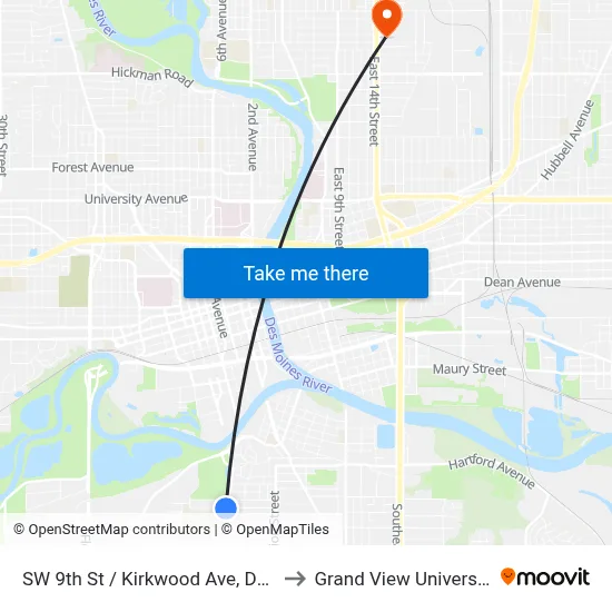 SW 9th St / Kirkwood Ave, Dsm to Grand View University map