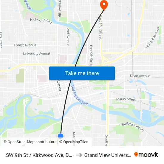 SW 9th St / Kirkwood Ave, Dsm to Grand View University map