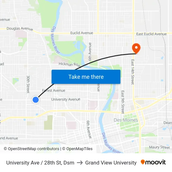University Ave / 28th St, Dsm to Grand View University map