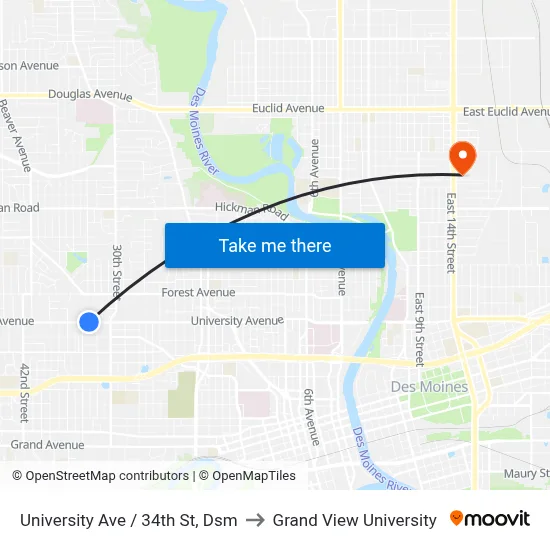 University Ave / 34th St, Dsm to Grand View University map