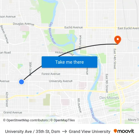 University Ave / 35th St, Dsm to Grand View University map