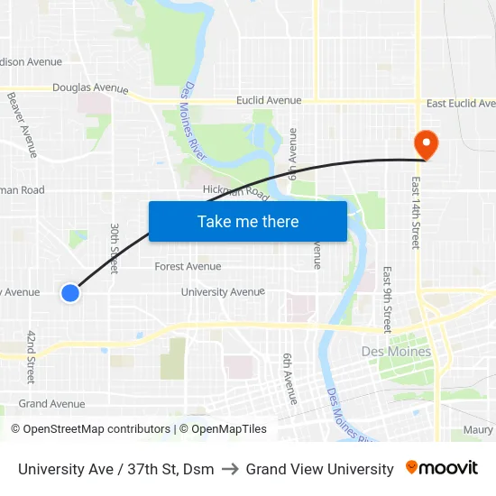 University Ave / 37th St, Dsm to Grand View University map