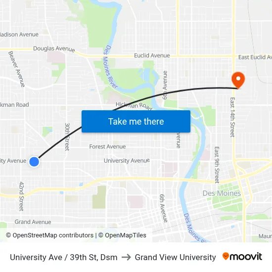 University Ave / 39th St, Dsm to Grand View University map