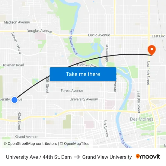 University Ave / 44th St, Dsm to Grand View University map