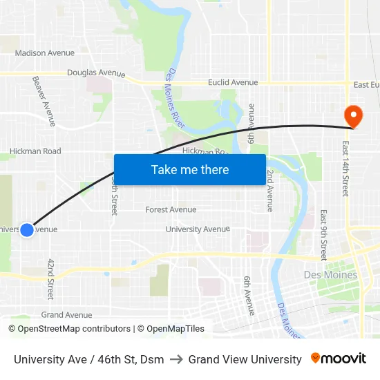University Ave / 46th St, Dsm to Grand View University map