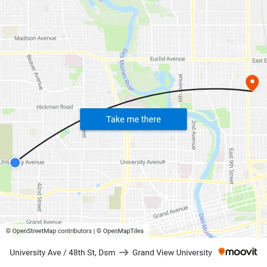 University Ave / 48th St, Dsm to Grand View University map