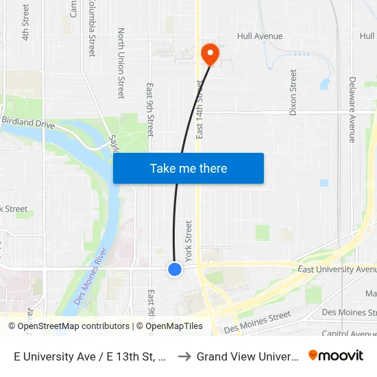 E University Ave / E 13th St, Dsm to Grand View University map