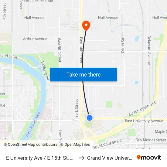 E University Ave / E 15th St, Dsm to Grand View University map
