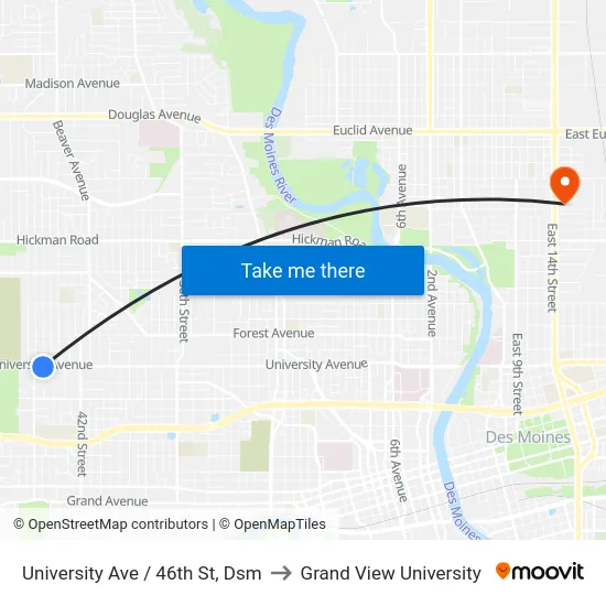 University Ave / 46th St, Dsm to Grand View University map