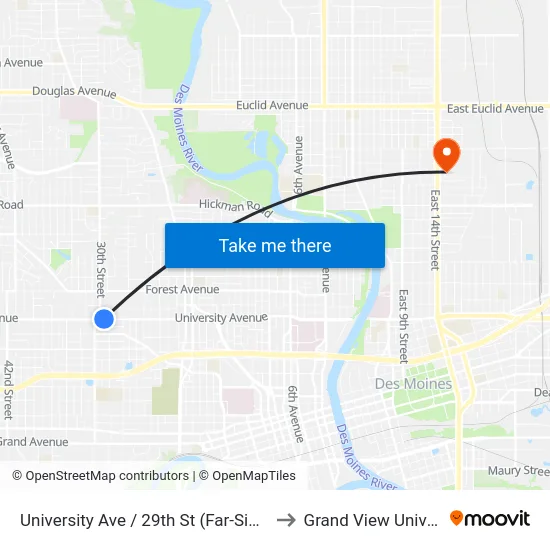 University Ave / 29th St (Far-Side), Dsm to Grand View University map