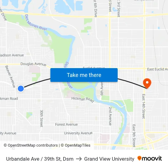 Urbandale Ave / 39th St, Dsm to Grand View University map