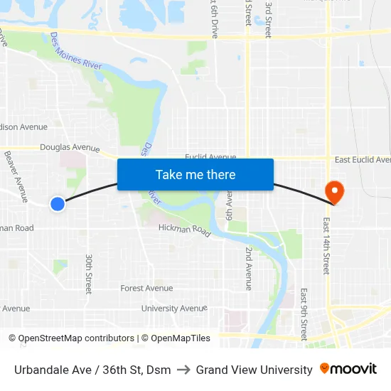 Urbandale Ave / 36th St, Dsm to Grand View University map