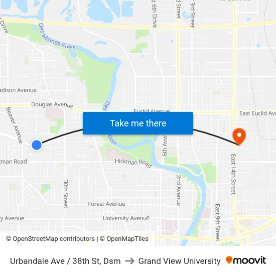 Urbandale Ave / 38th St, Dsm to Grand View University map