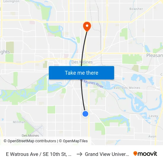 E Watrous Ave / SE 10th St, Dsm to Grand View University map