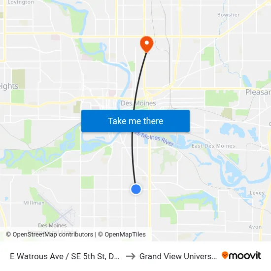 E Watrous Ave / SE 5th St, Dsm to Grand View University map