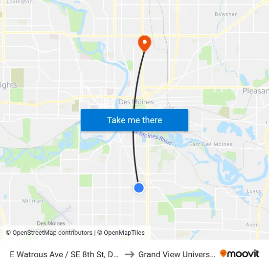 E Watrous Ave / SE 8th St, Dsm to Grand View University map
