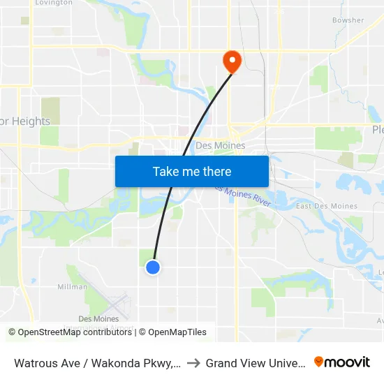 Watrous Ave / Wakonda Pkwy, Dsm to Grand View University map