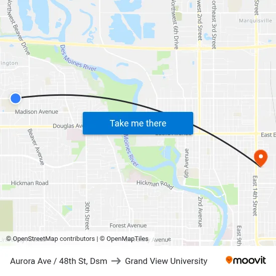 Aurora Ave / 48th St, Dsm to Grand View University map