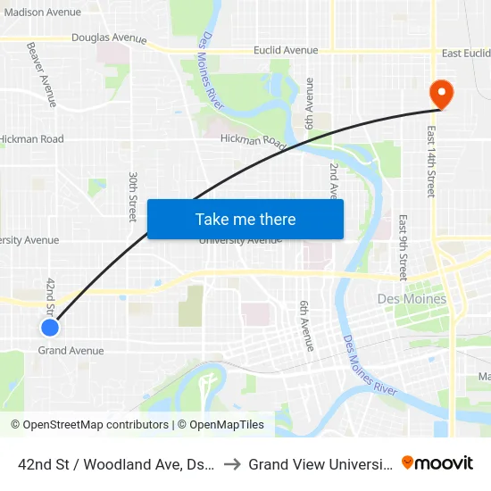42nd St / Woodland Ave, Dsm to Grand View University map
