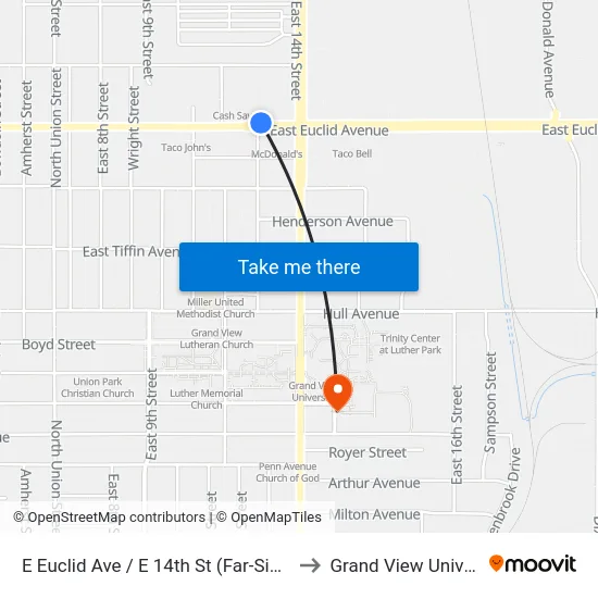 E Euclid Ave / E 14th St (Far-Side), Dsm to Grand View University map