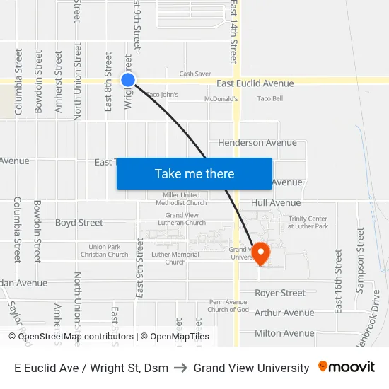 E Euclid Ave / Wright St, Dsm to Grand View University map