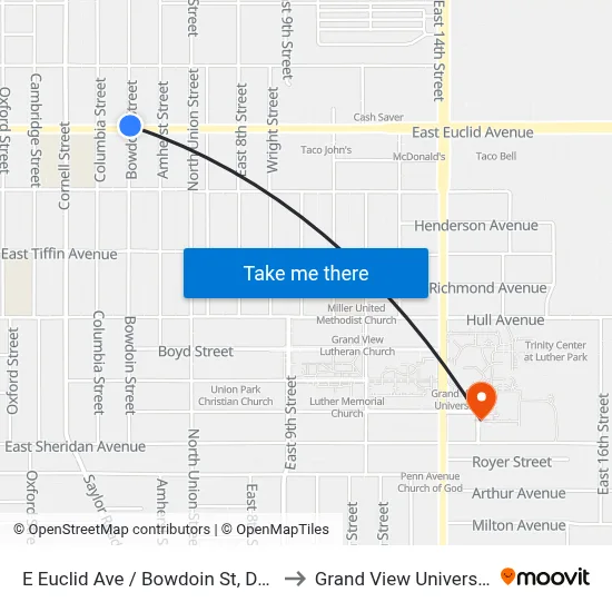 E Euclid Ave / Bowdoin St, Dsm to Grand View University map