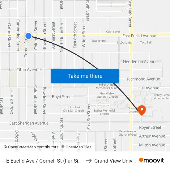 E Euclid Ave / Cornell St (Far-Side), Dsm to Grand View University map