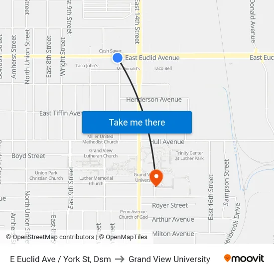 E Euclid Ave / York St, Dsm to Grand View University map