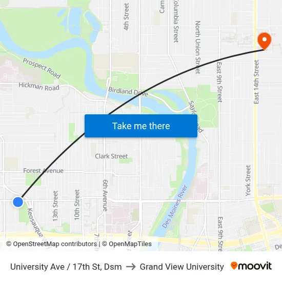 University Ave / 17th St, Dsm to Grand View University map