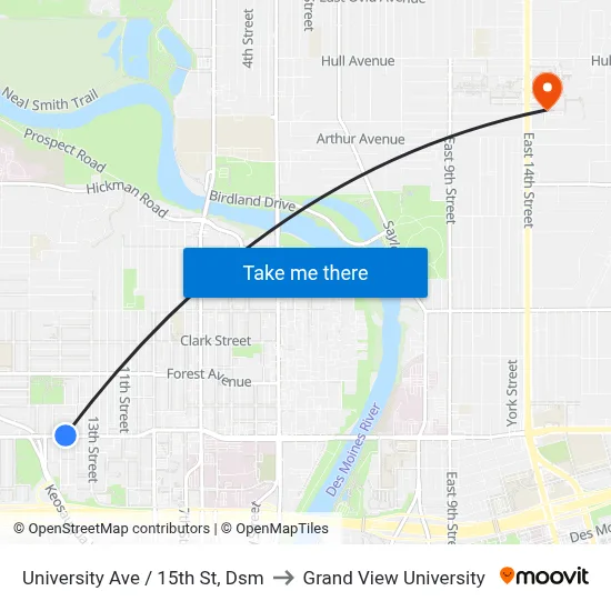 University Ave / 15th St, Dsm to Grand View University map