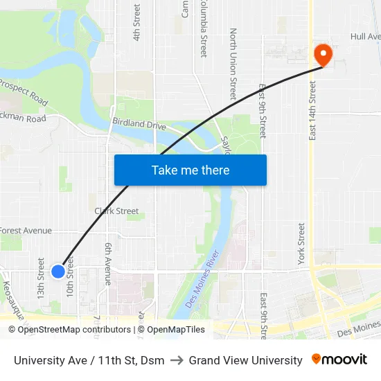 University Ave / 11th St, Dsm to Grand View University map