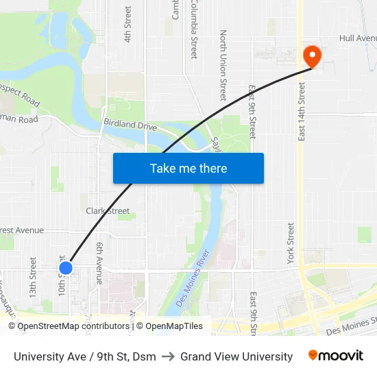 University Ave / 9th St, Dsm to Grand View University map