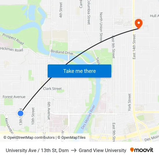 University Ave / 13th St, Dsm to Grand View University map