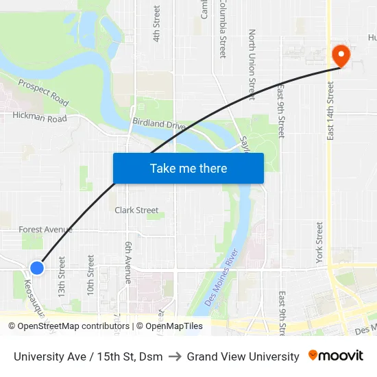 University Ave / 15th St, Dsm to Grand View University map