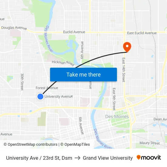 University Ave / 23rd St, Dsm to Grand View University map