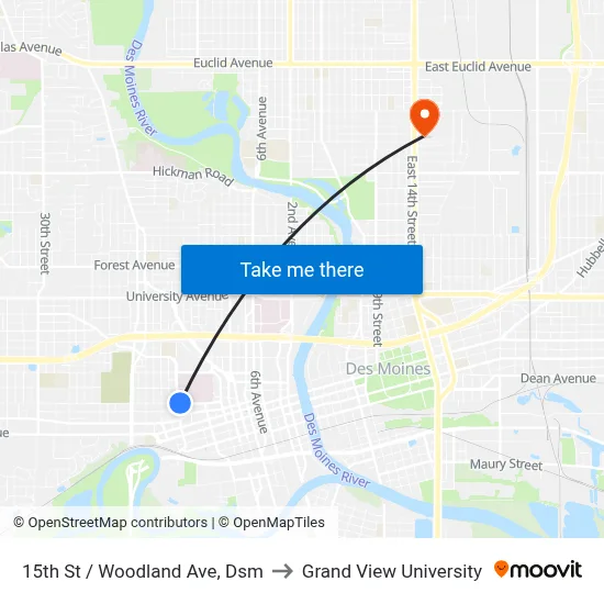 15th St / Woodland Ave, Dsm to Grand View University map