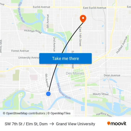 SW 7th St / Elm St, Dsm to Grand View University map