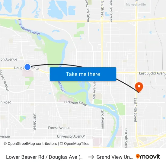 Lower Beaver Rd / Douglas Ave (Far-Side), Dsm to Grand View University map