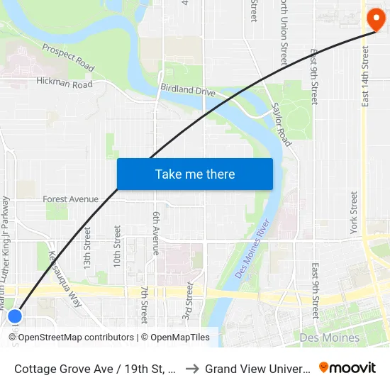 Cottage Grove Ave / 19th St, Dsm to Grand View University map