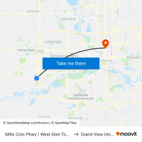 Mills Civic Pkwy / West Glen Town Cir, Wdm to Grand View University map