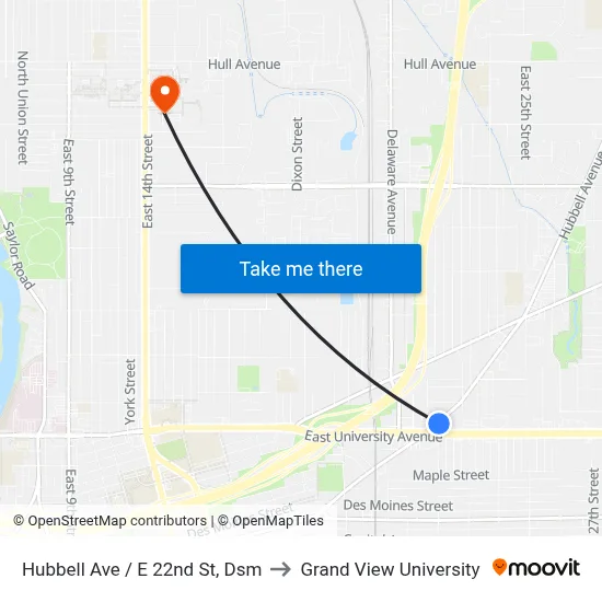 Hubbell Ave / E 22nd St, Dsm to Grand View University map