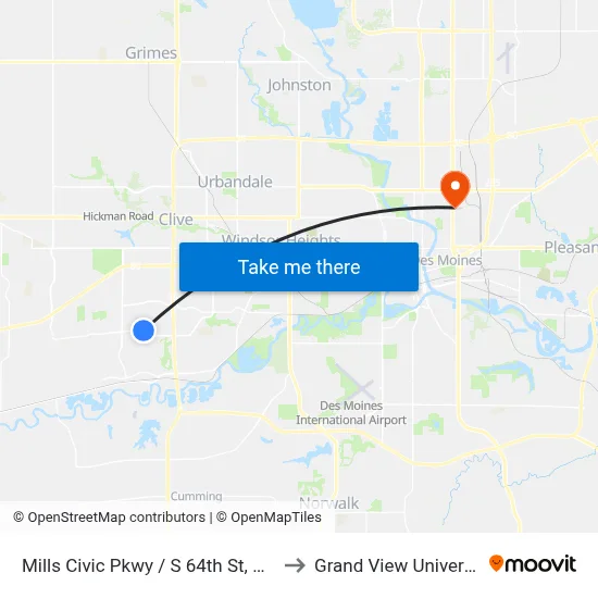 Mills Civic Pkwy / S 64th St, Wdm to Grand View University map
