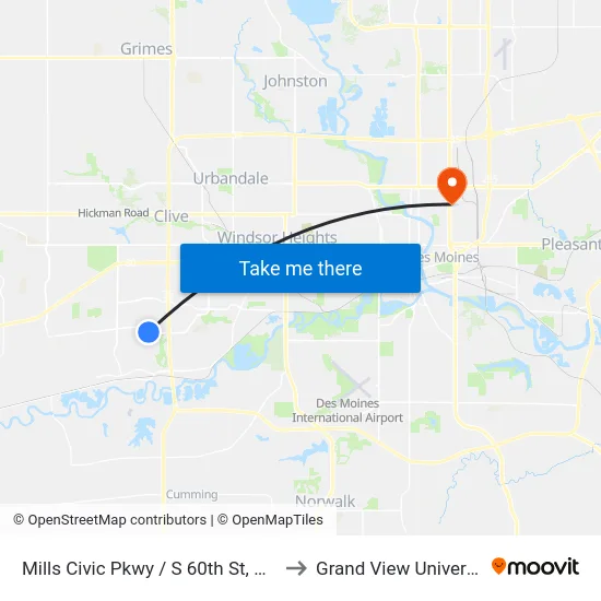 Mills Civic Pkwy / S 60th St, Wdm to Grand View University map